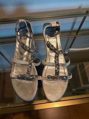 Stuart Weitzman Metallic Silver Chain T-Strap Sandals